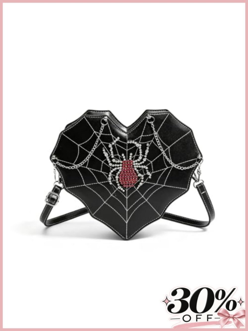 Gothic Heart Spiderweb Crossbody Bag with Rhinestone Spider, Faux Leather
